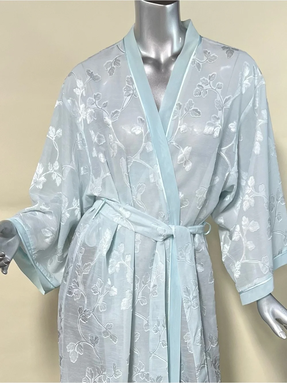 Oscar de la Renta Pink Label Floral Semi Sheer Aqua Light Blue Long Robe LARGE